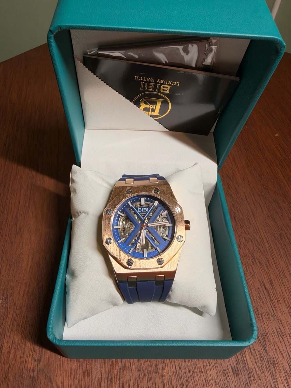 BIBI Luxury Automatic Skeleton Watch Rose Gold Tone Blue Silicone Band